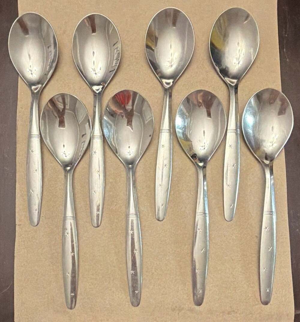 Starflyte Washington Forge Stainless Starburst Oval Soup Spoons MCM 8-pc VTG